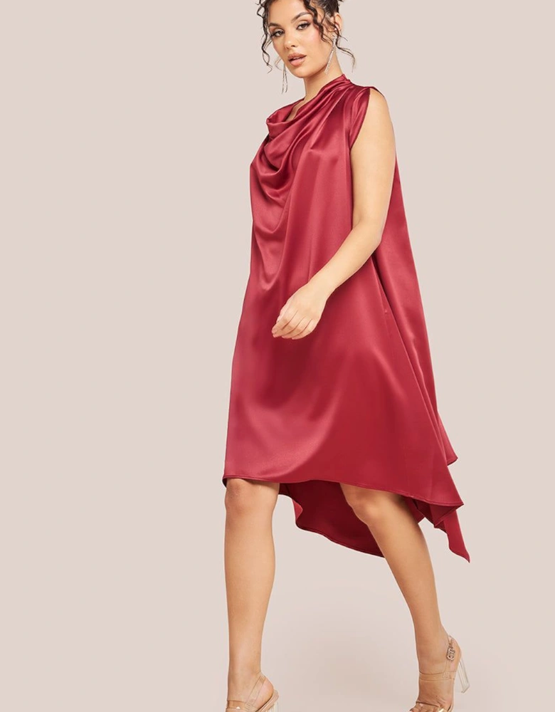 Cowl Neck Back Wing Satin High Low Midi Dress