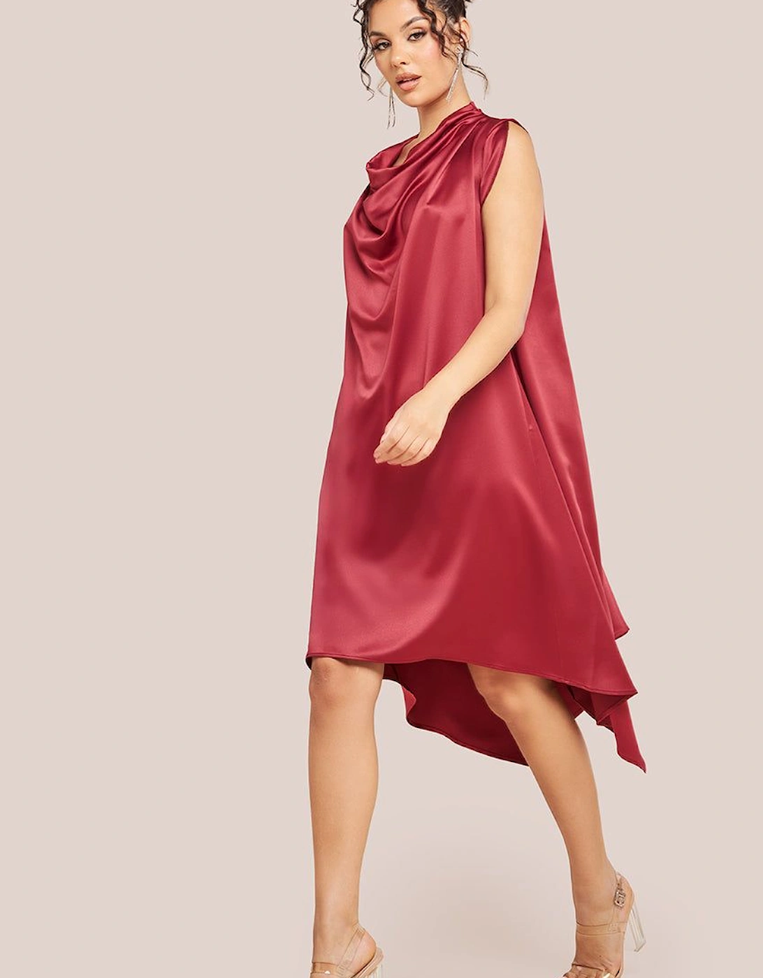 Cowl Neck Back Wing Satin High Low Midi Dress, 2 of 1