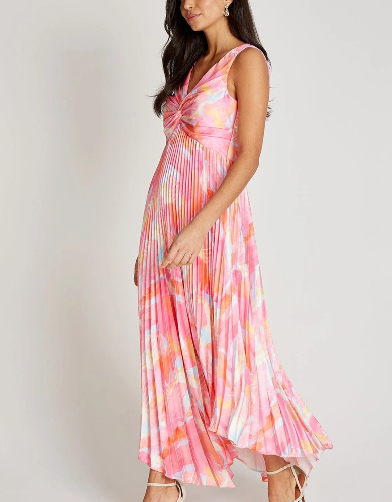 Pink Print Satin Pleated Midaxi Dress