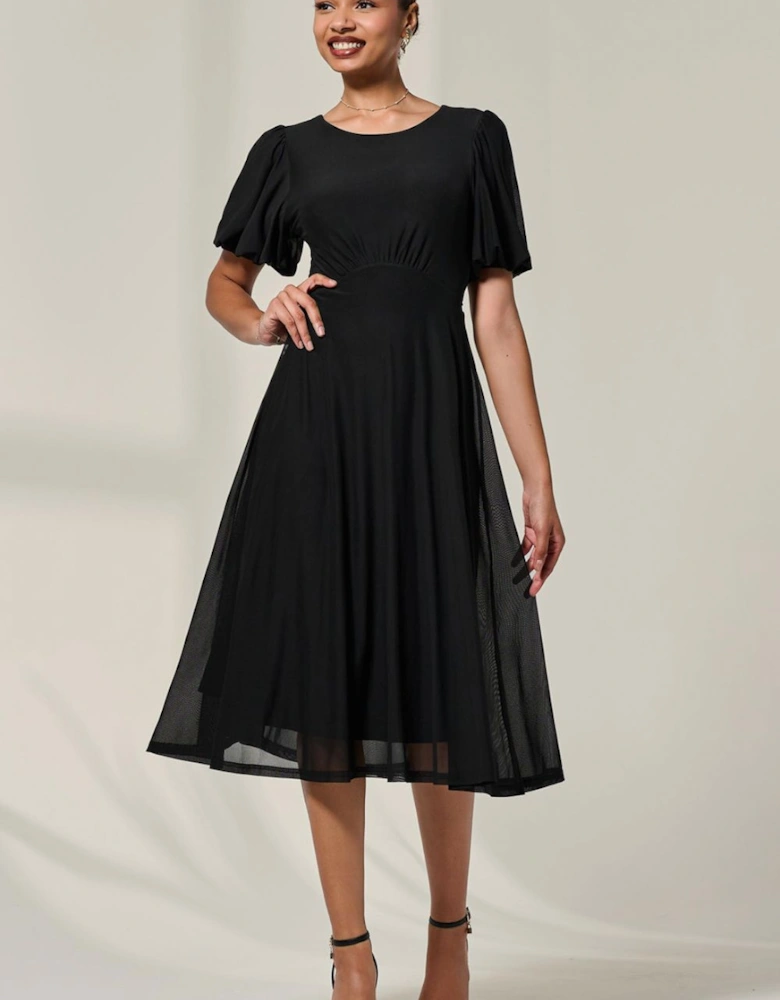 Puff Sleeve Mesh Midi Dress