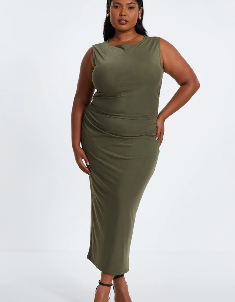 Khaki Curve Round Neck Midaxi Dress