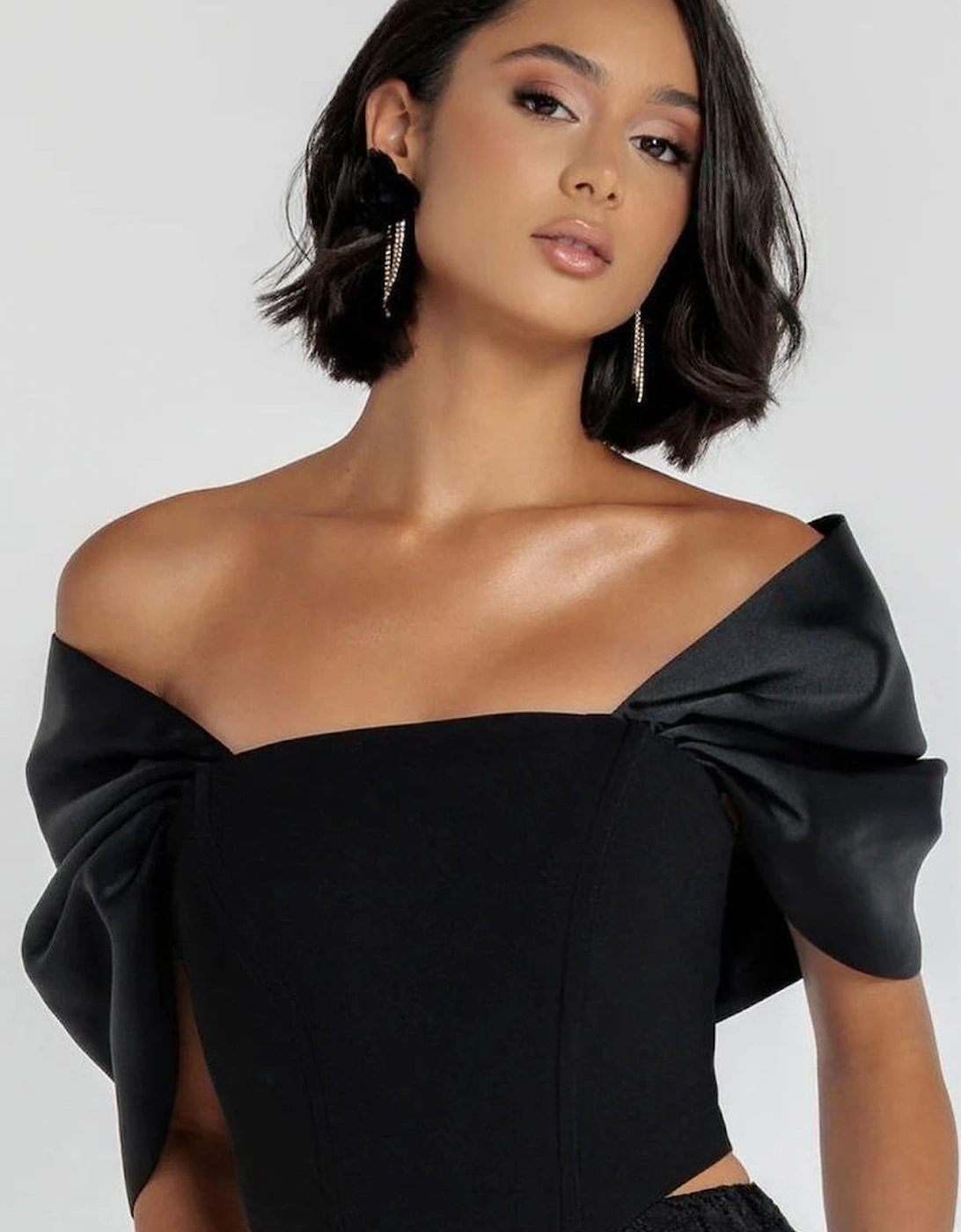Off Shoulder Back Satin Bow Scuba Corset, 2 of 1