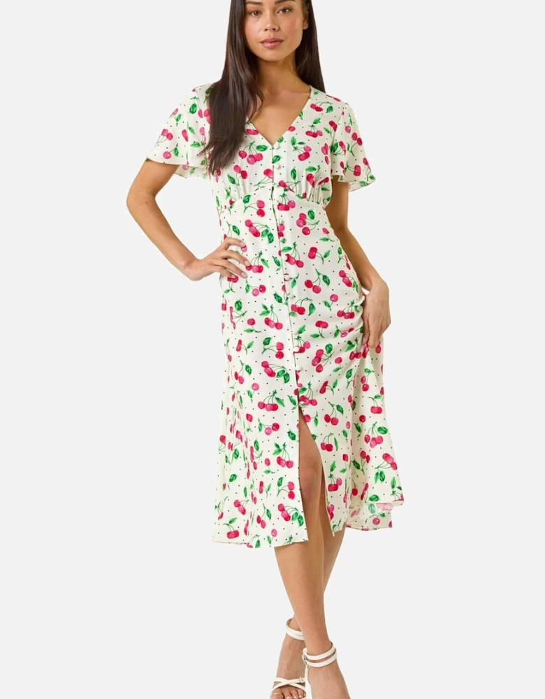 Petite Cherry Print Button Midi Dress