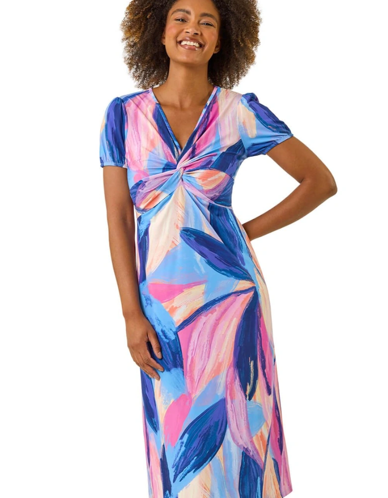 Abstract Print Twist Front Midi Dress
