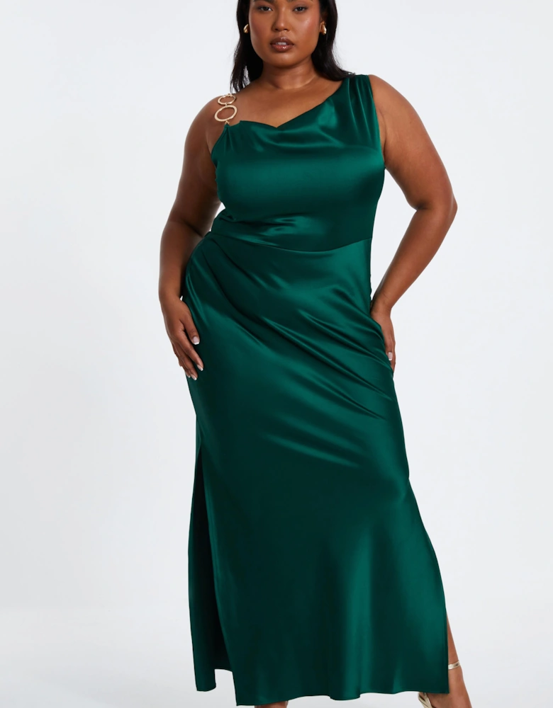 Green Curve Satin Ruched Midi Dress