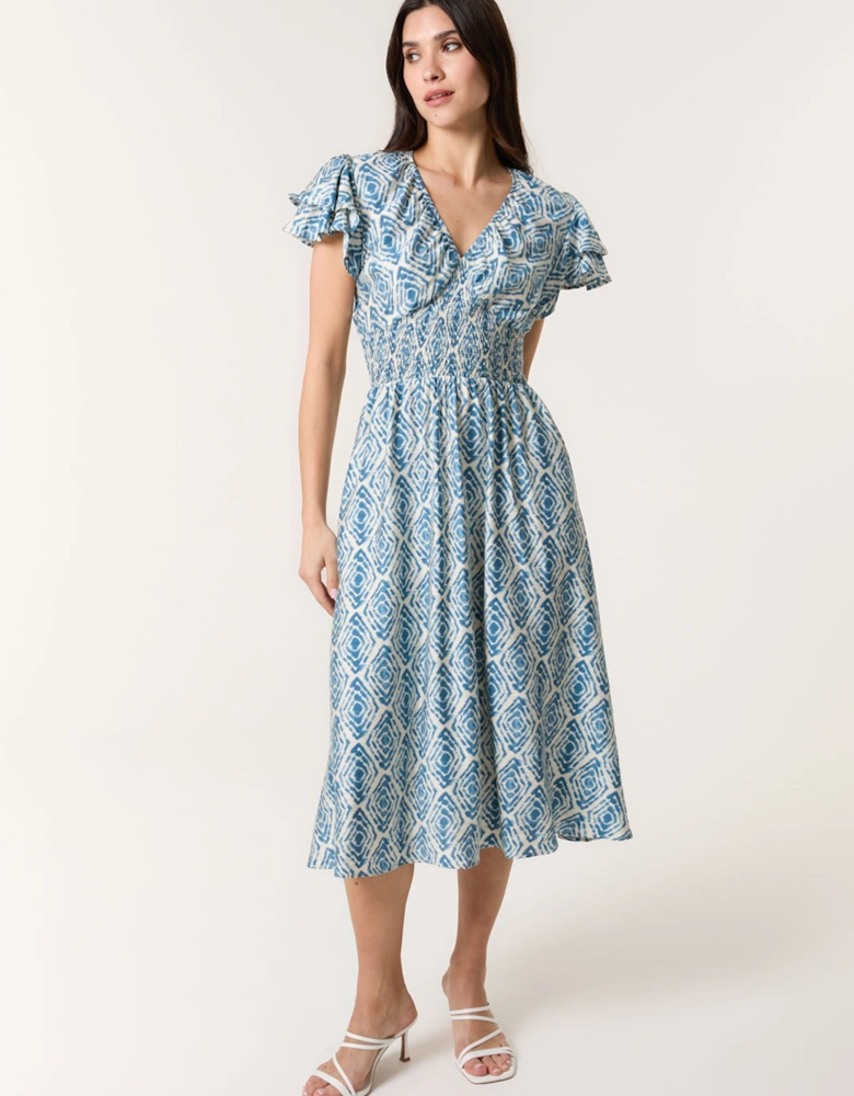 Blue Double Frill Shirred Midi Dress