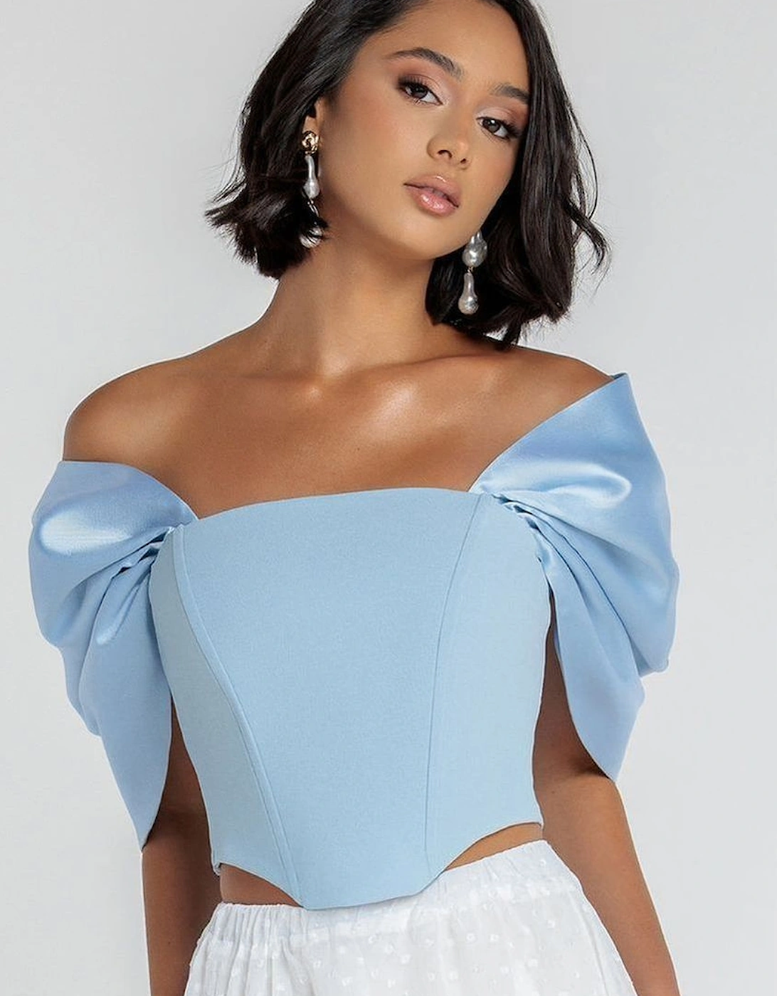 Off Shoulder Back Satin Bow Scuba Corset, 2 of 1