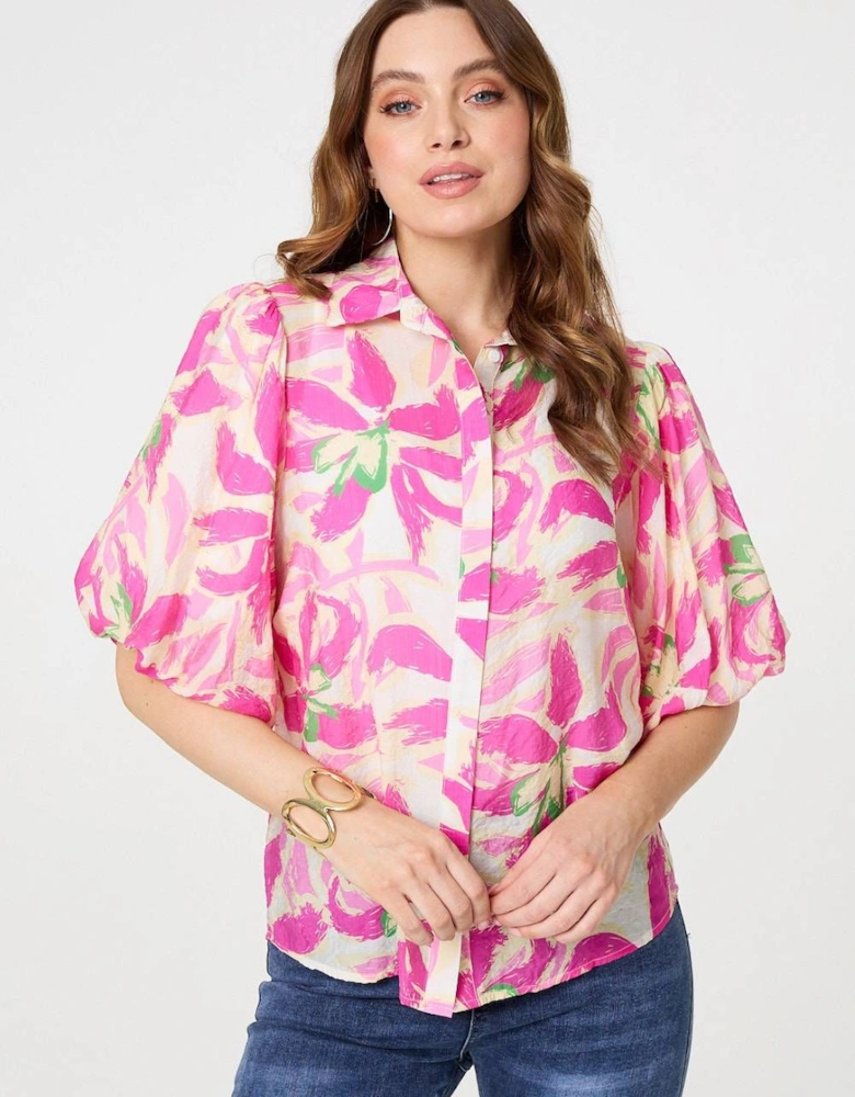 Floral Puff Sleeve Collared Shirt