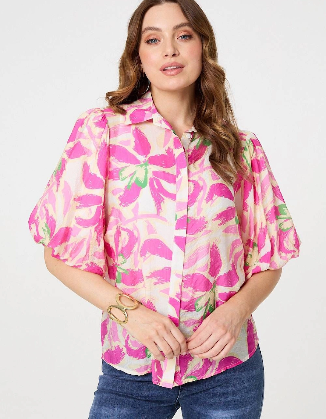 Floral Puff Sleeve Collared Shirt, 2 of 1
