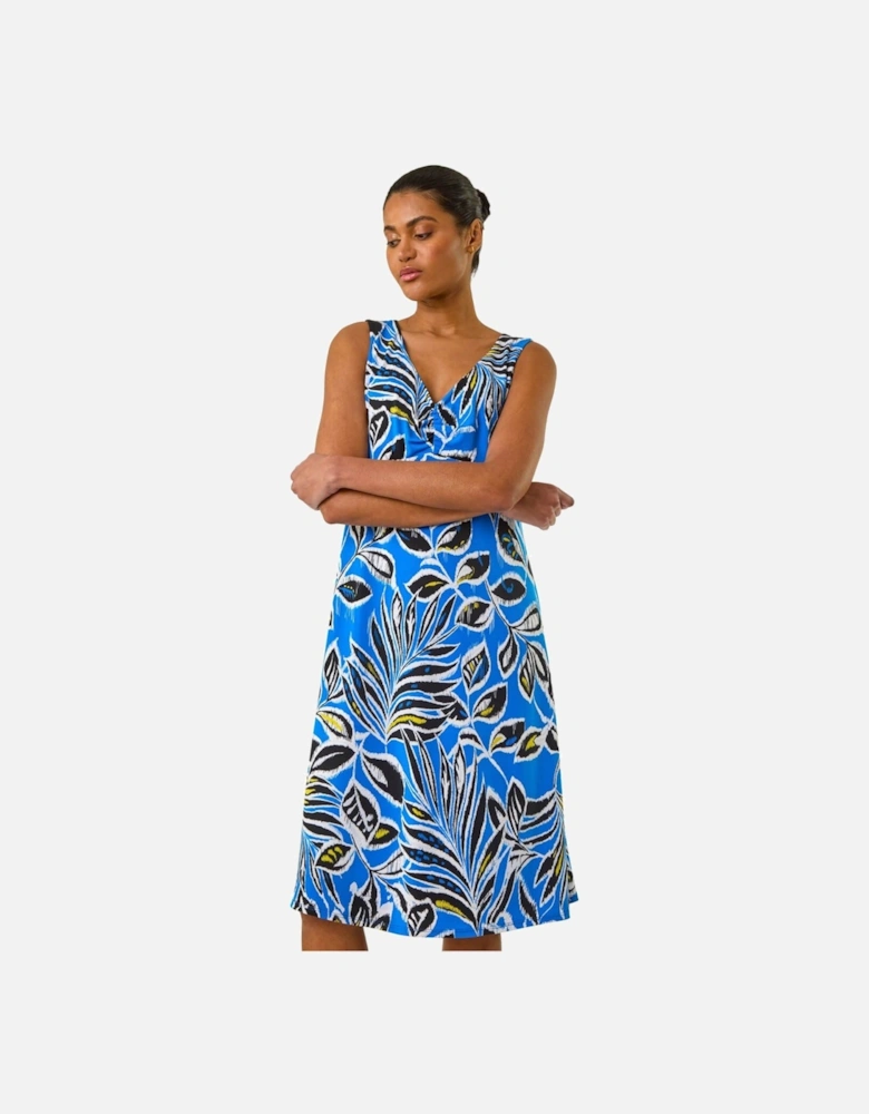 Leaf Print V-Neck Gathered Dress