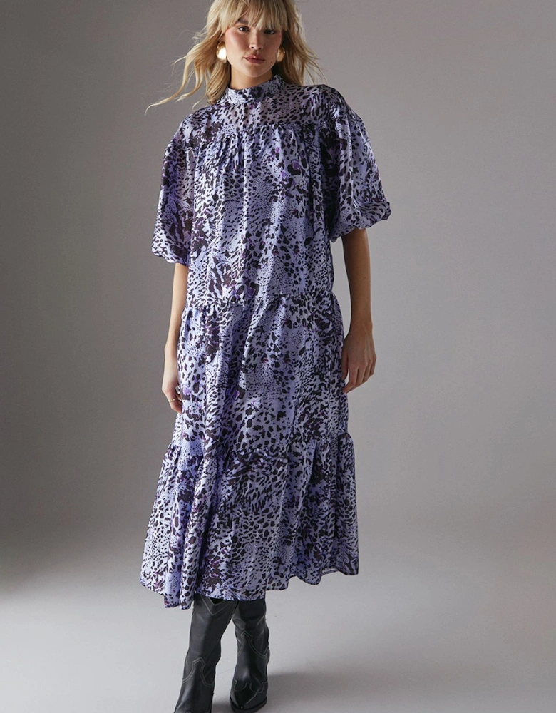 Organza High Neck Tier Midi Smock Dress