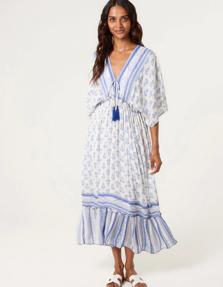 Blue V Neck Printed Tassel Dress