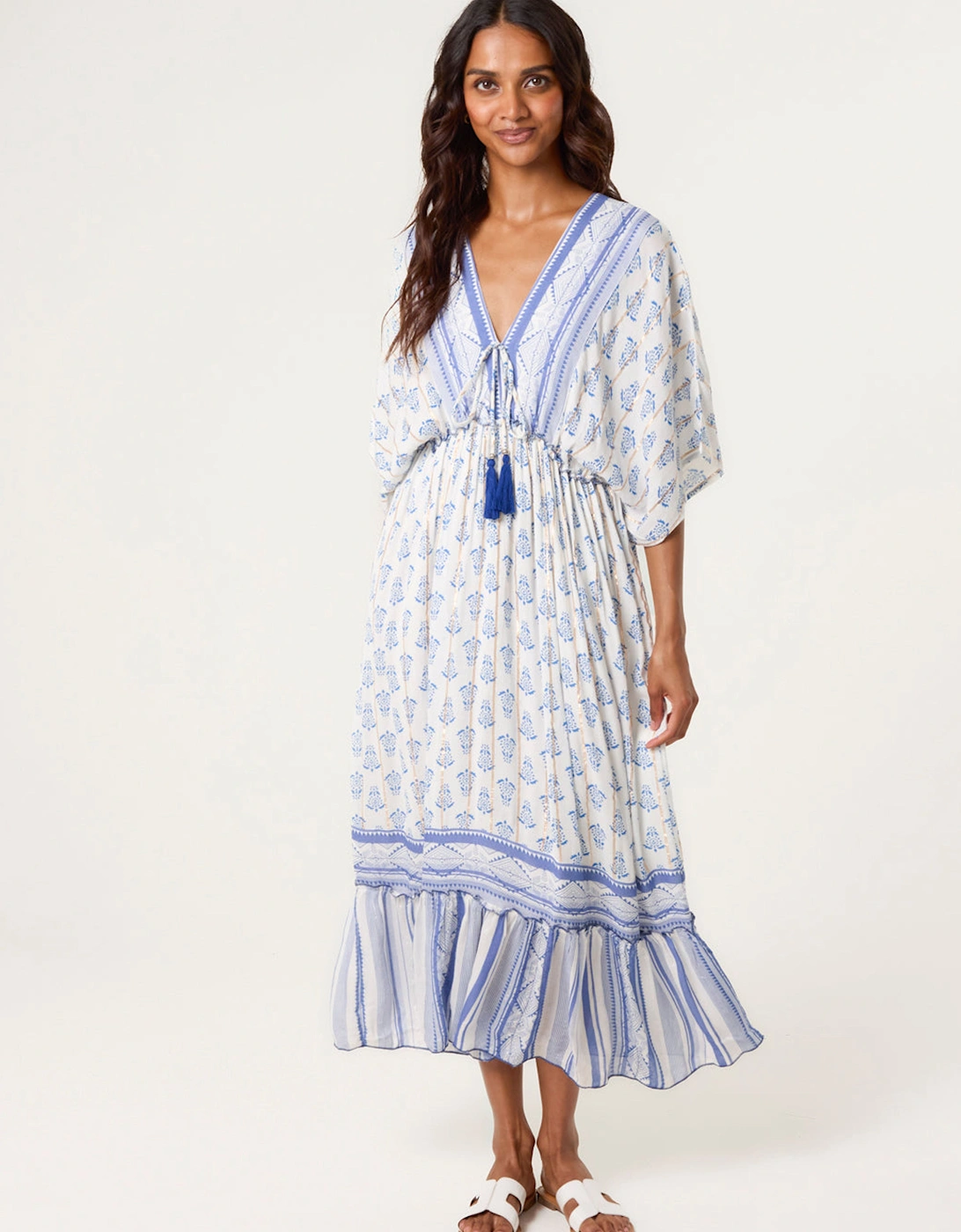 Blue V Neck Printed Tassel Dress, 2 of 1