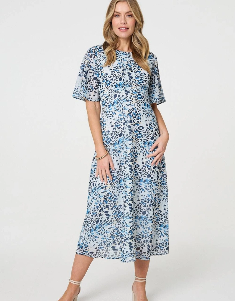Animal Print Flared Sleeve Midi Dress