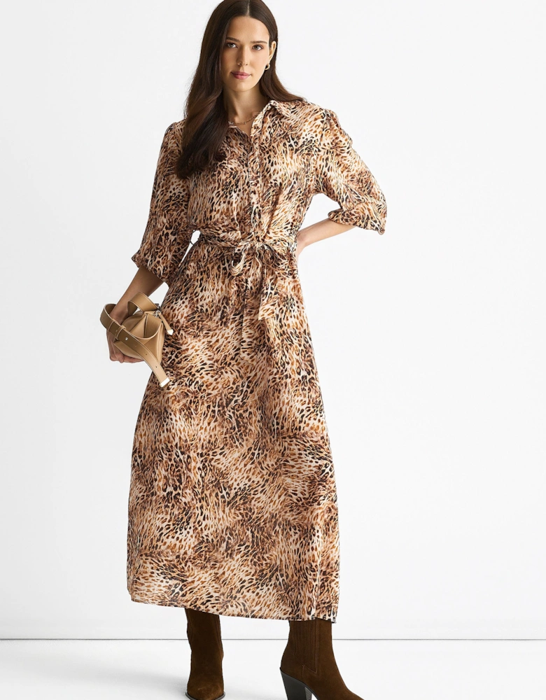 Brown Animal Printed Shirt Midi Dress