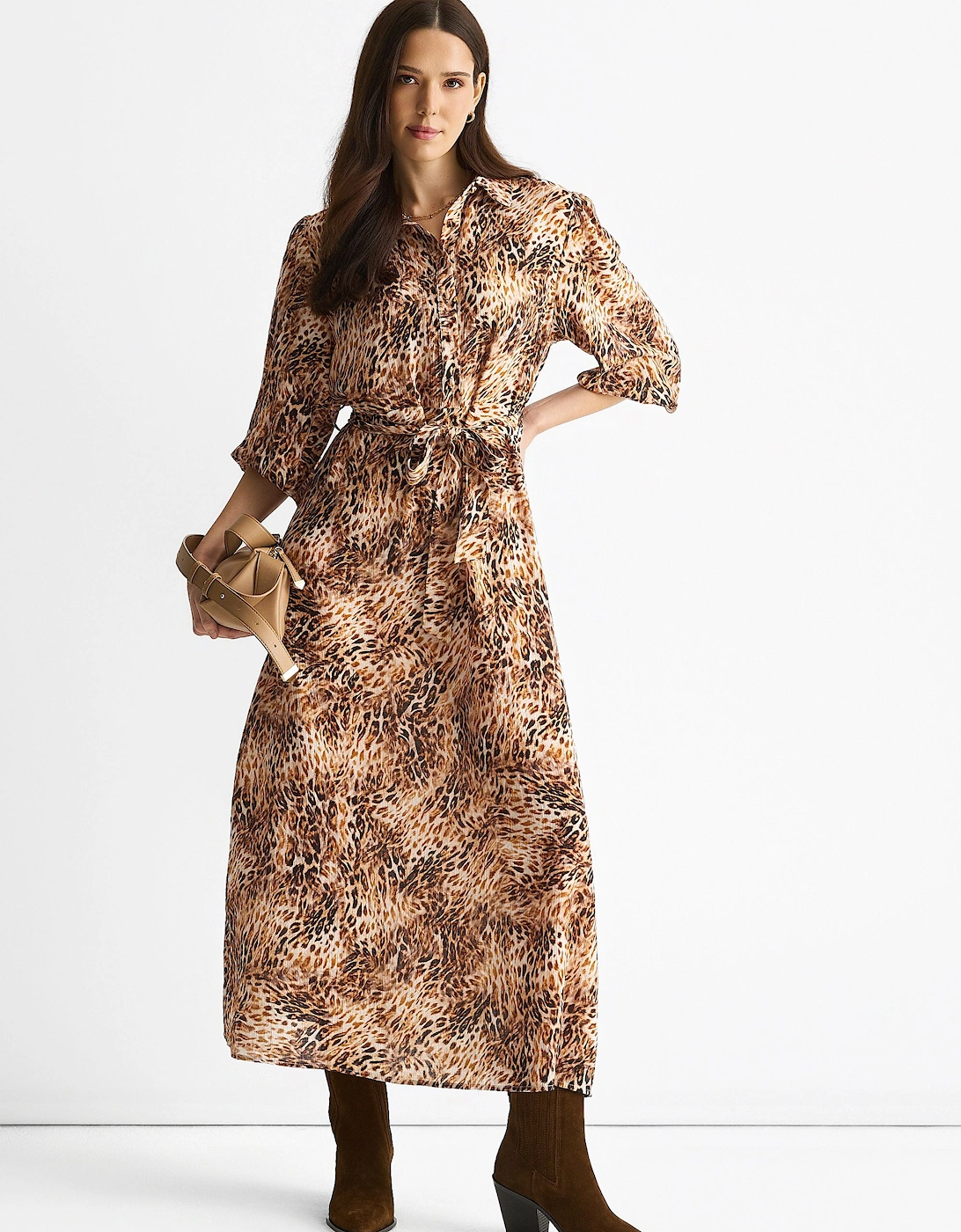 Brown Animal Printed Shirt Midi Dress, 2 of 1