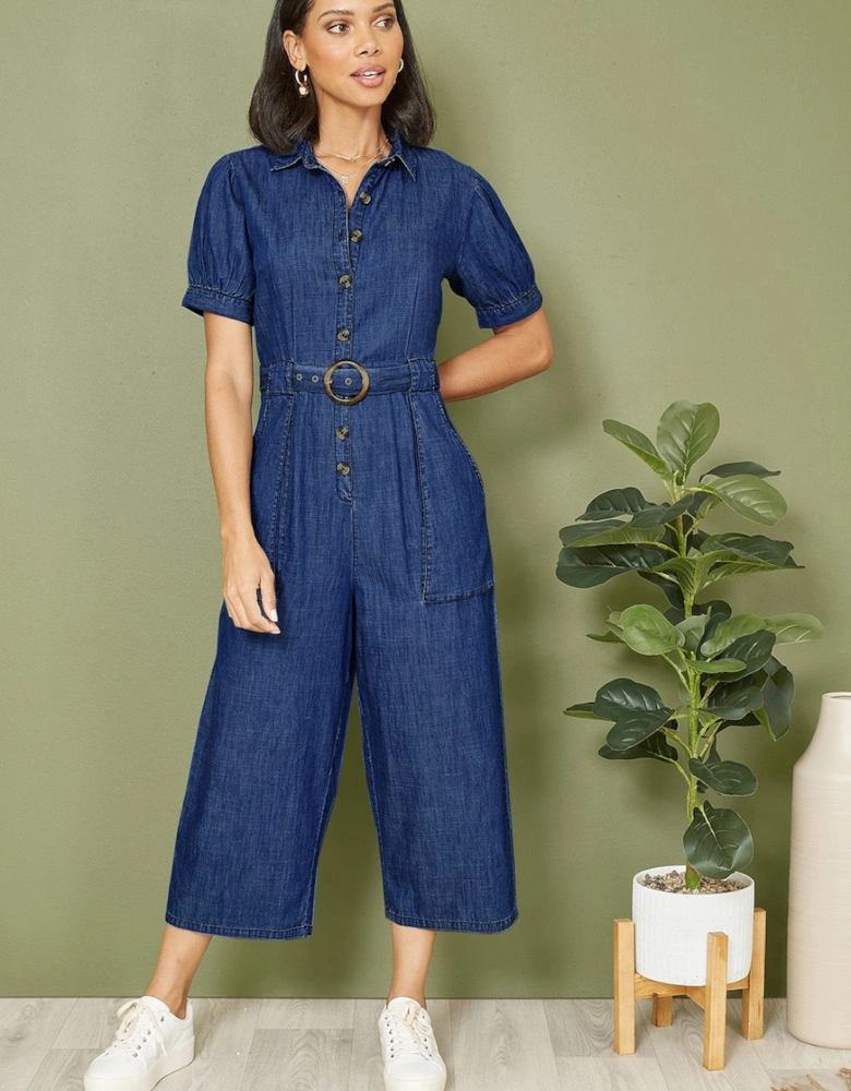 Blue Cotton Chambray Button Up Jumpsuit