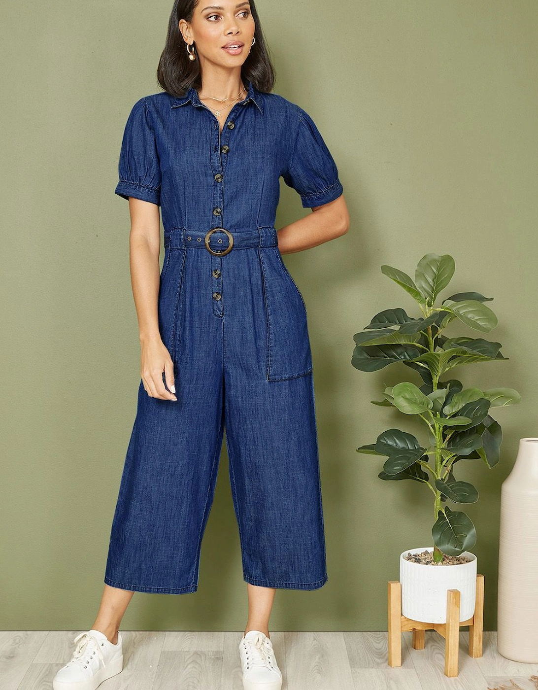 Blue Cotton Chambray Button Up Jumpsuit, 2 of 1