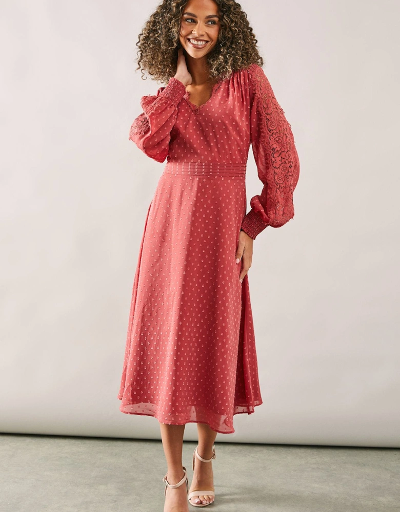 Occasion Pleat Detail Lace Midi Dress