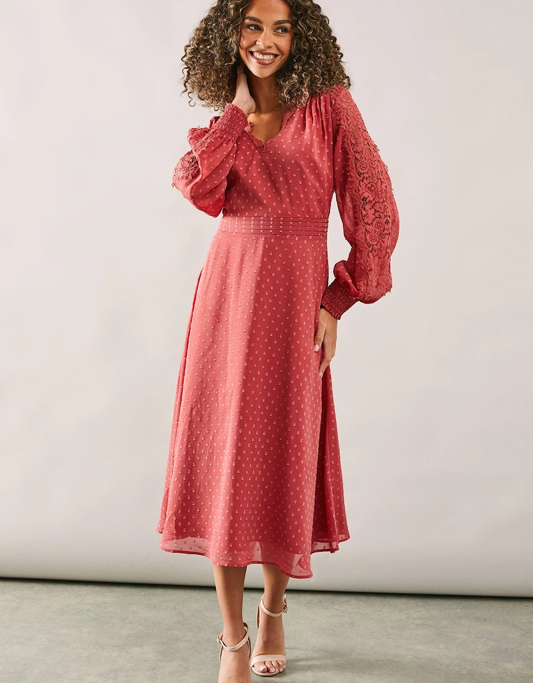 Occasion Pleat Detail Lace Midi Dress, 2 of 1