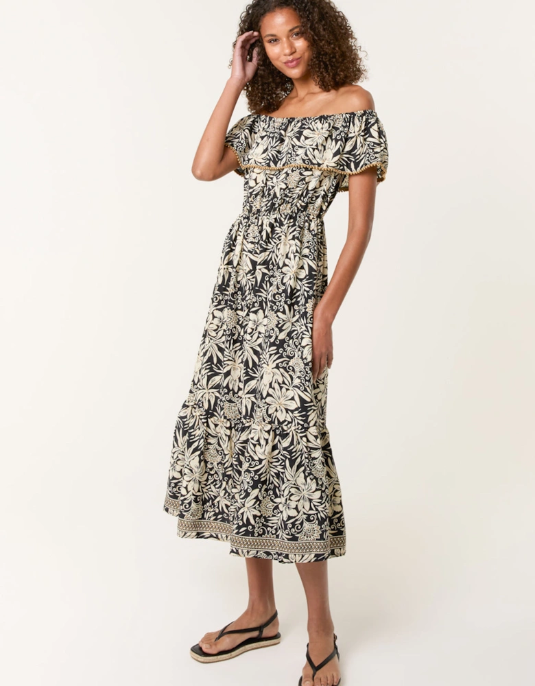 Black Gold Beaded Bardot Midi Dress