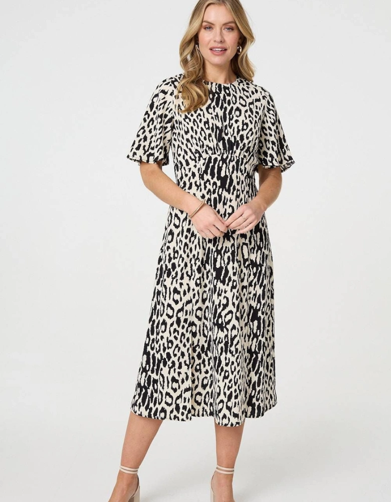 Animal Print 1/2 Flare Sleeve Midi Dress
