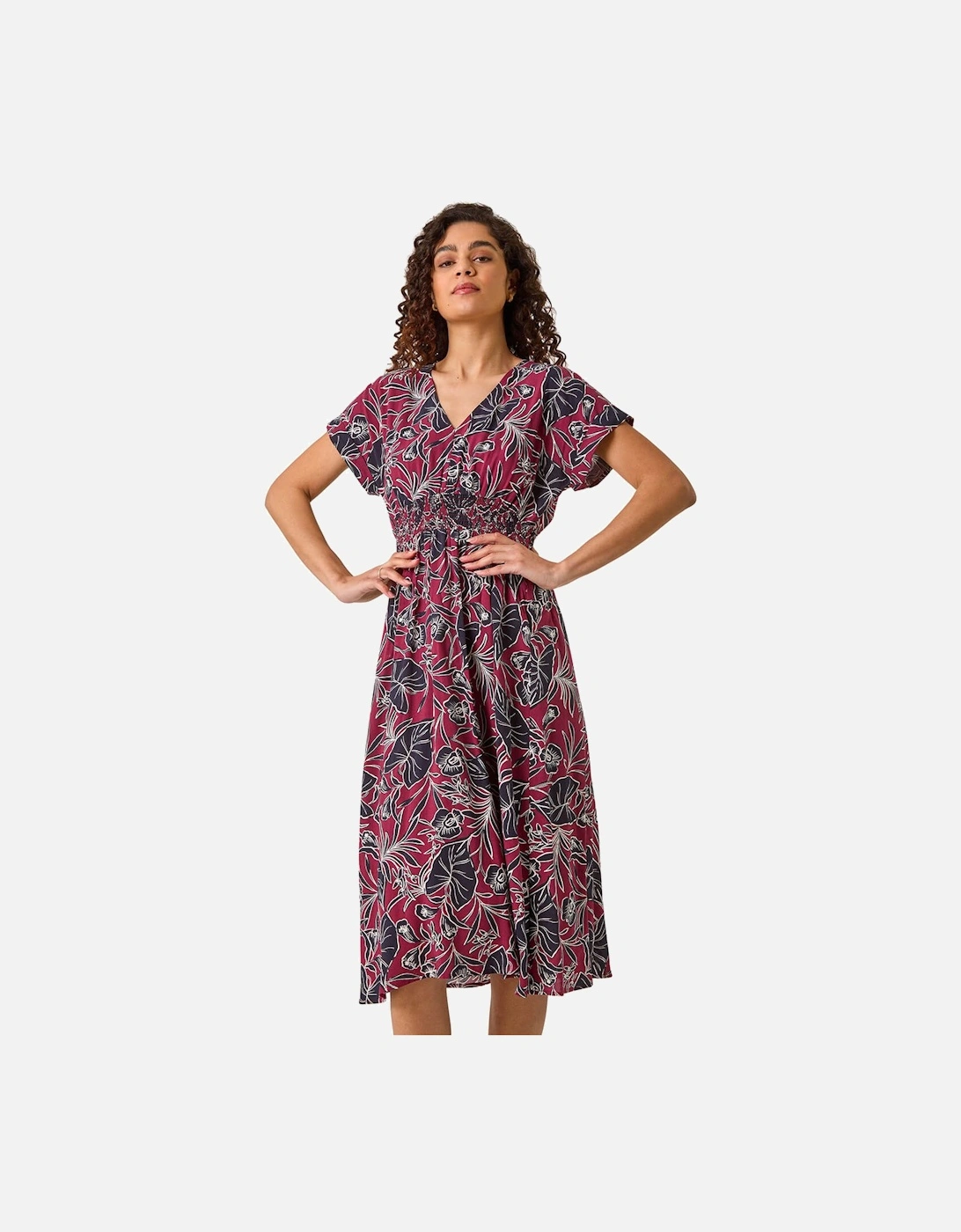 Abstract Leaf Print Shirred Midi Dress, 2 of 1