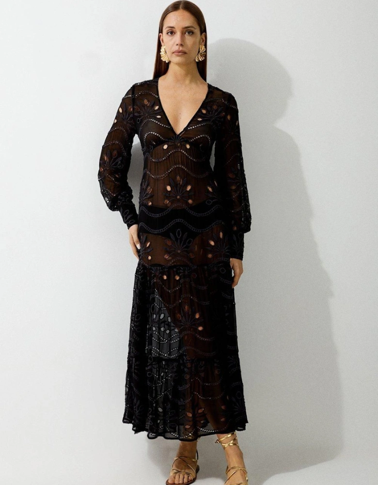 Viscose Georgette Cutwork Beach Maxi Dress