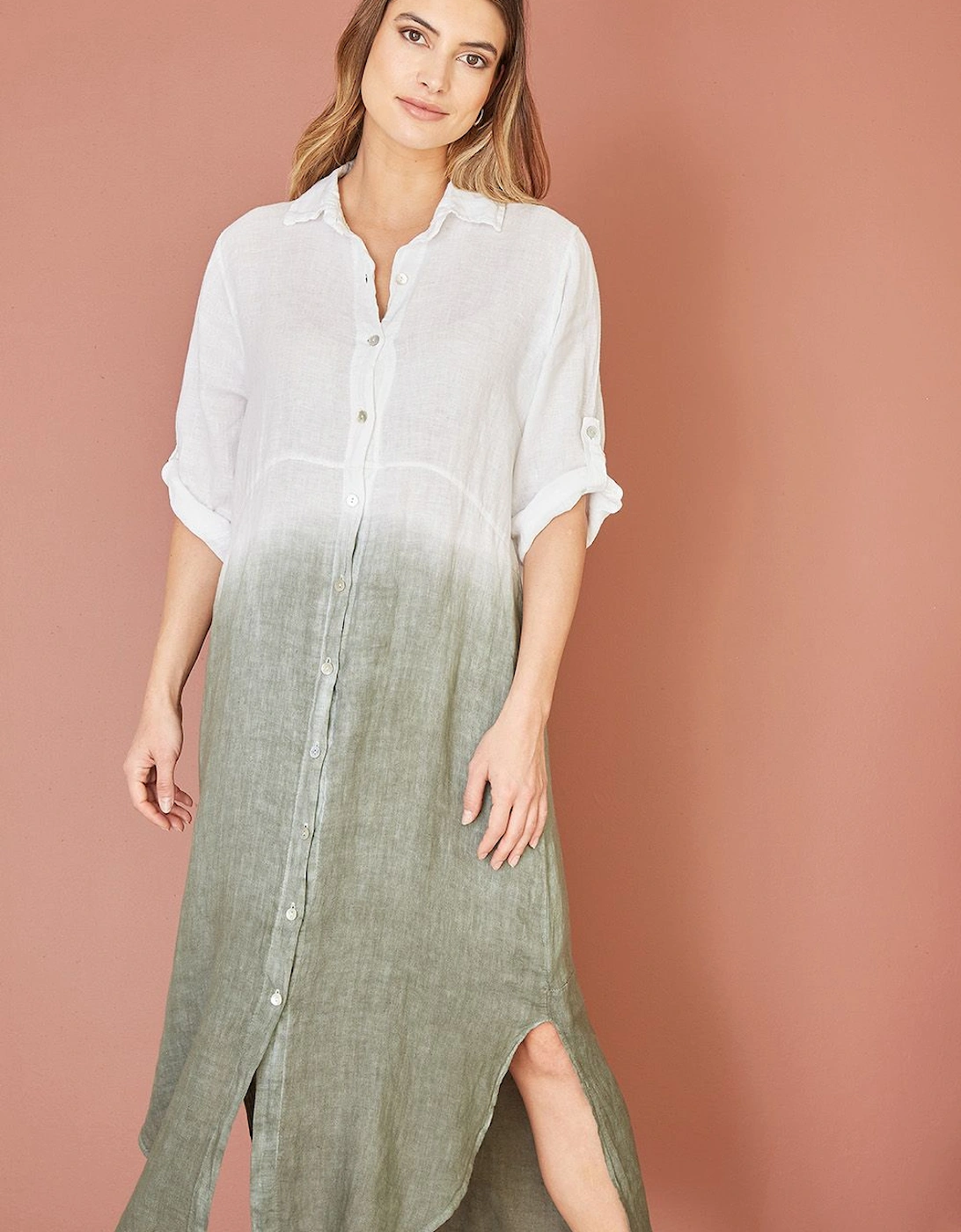 White Italian Linen Hand Dip Dyed Midi Shirt Dress With Turn Up Sleeves, 2 of 1