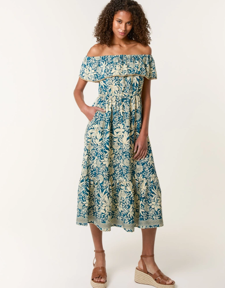 Teal Gold Beaded Bardot Midi Dress