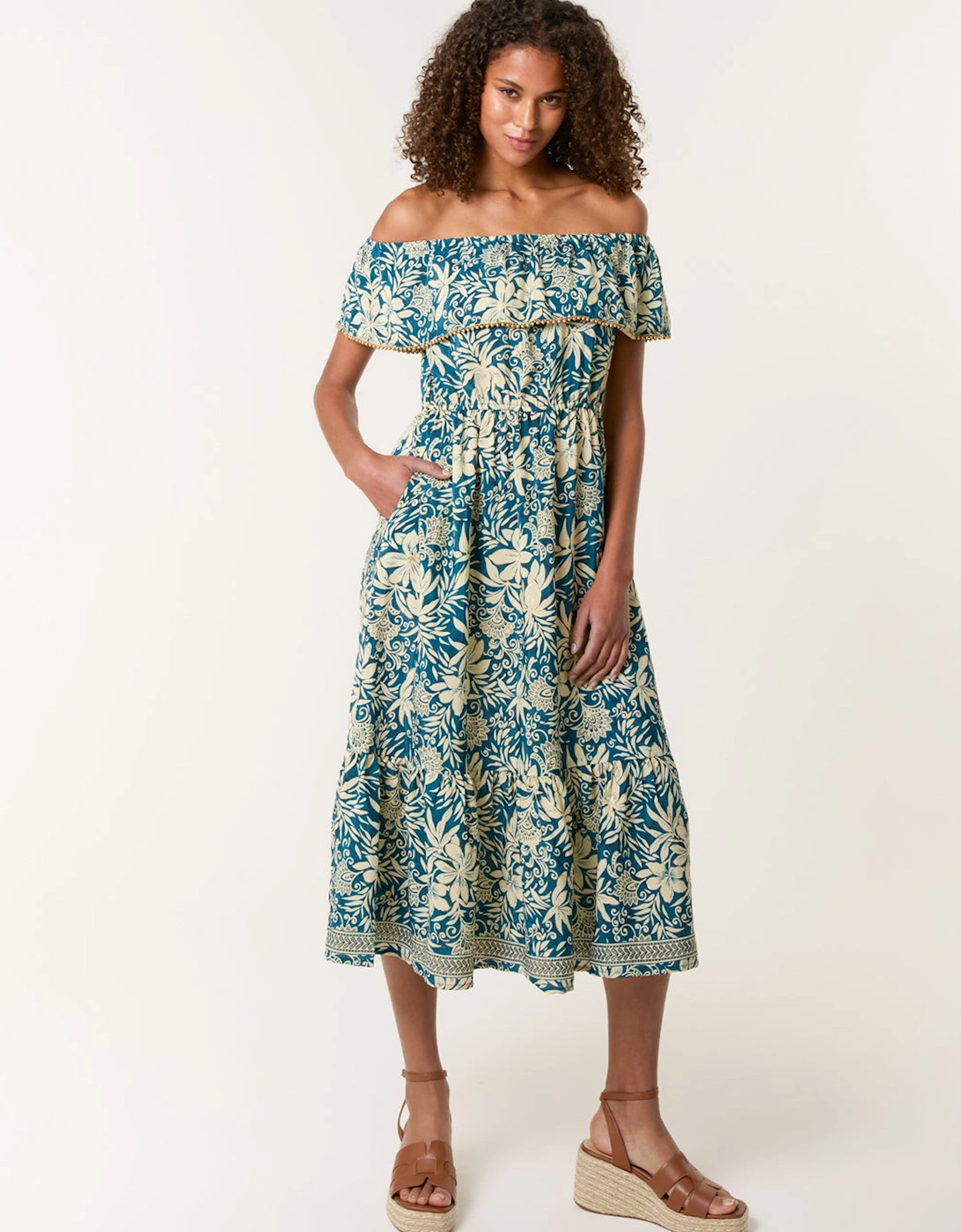 Teal Gold Beaded Bardot Midi Dress, 2 of 1