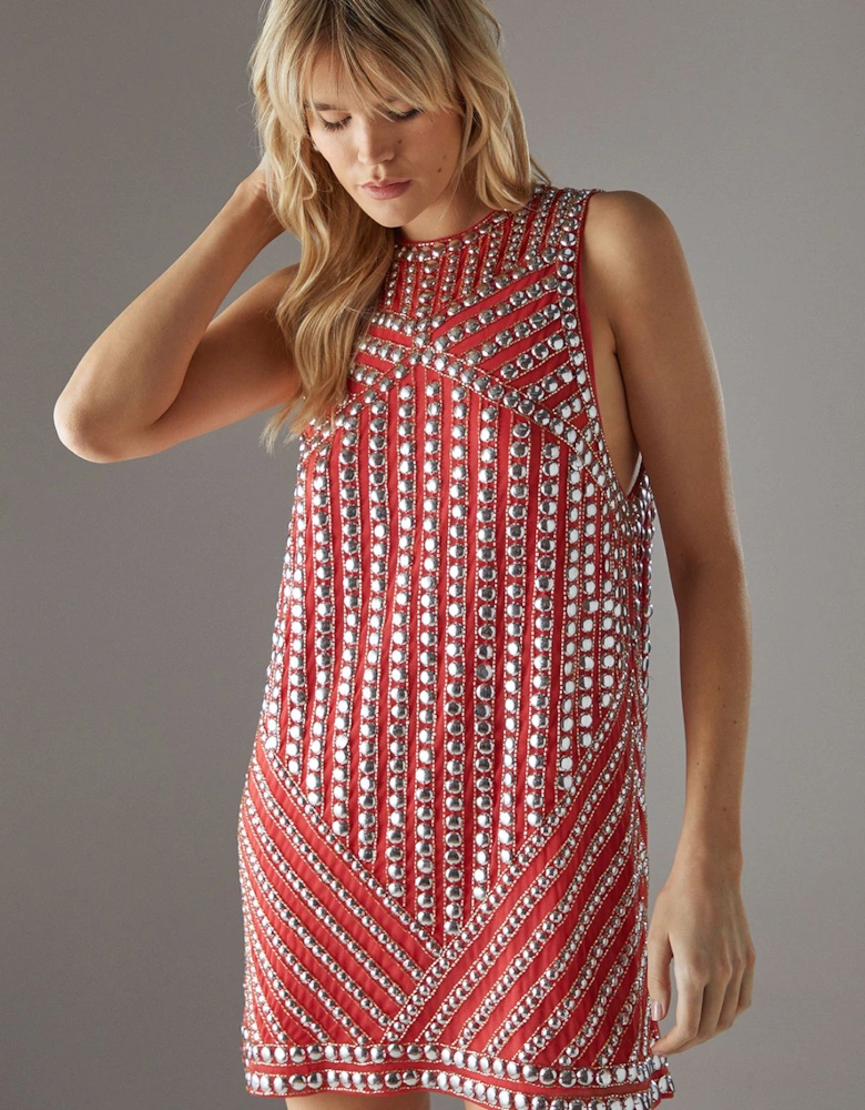 Hand Embellished Sequin Stud Drop Armhole Vest Mini Dress