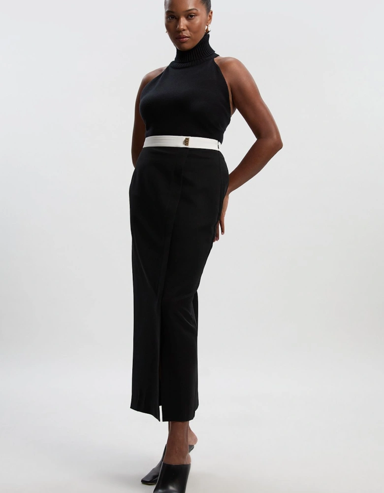 Plus Size Twill Contrast Hardware Woven Midi Skirt