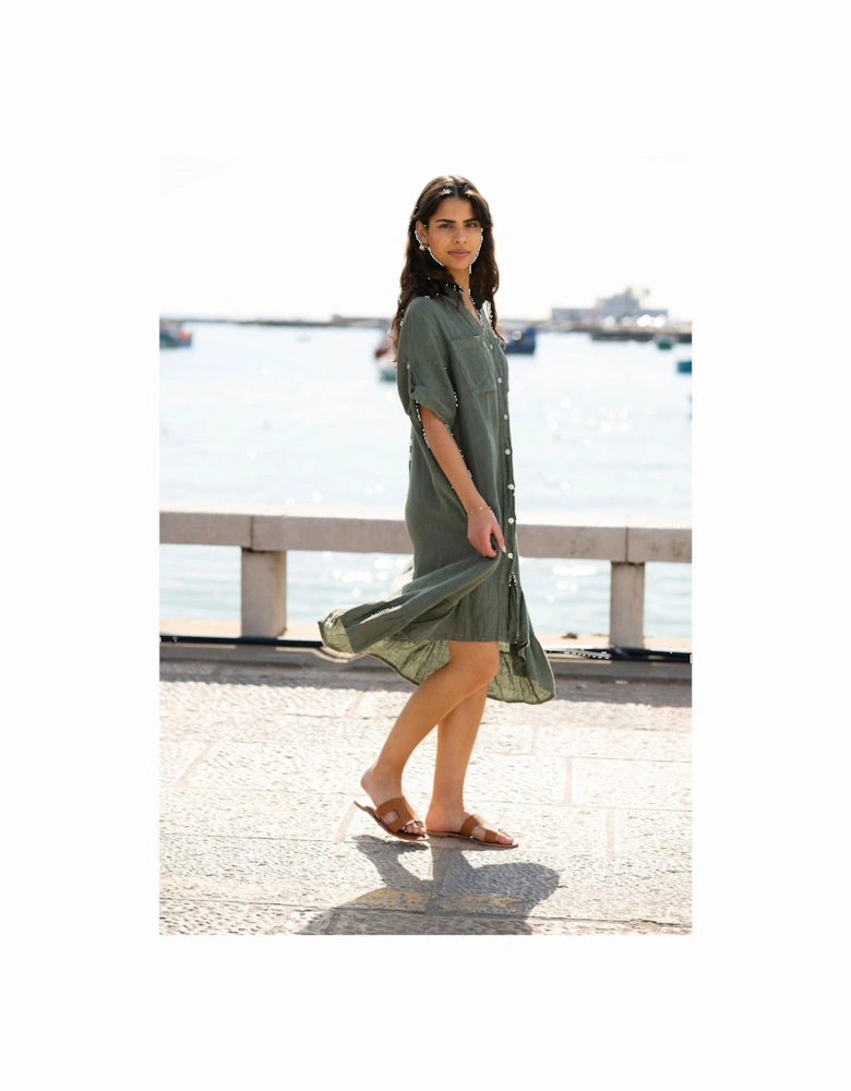 Khaki Italian Linen Shirt Dress With Frill Hem