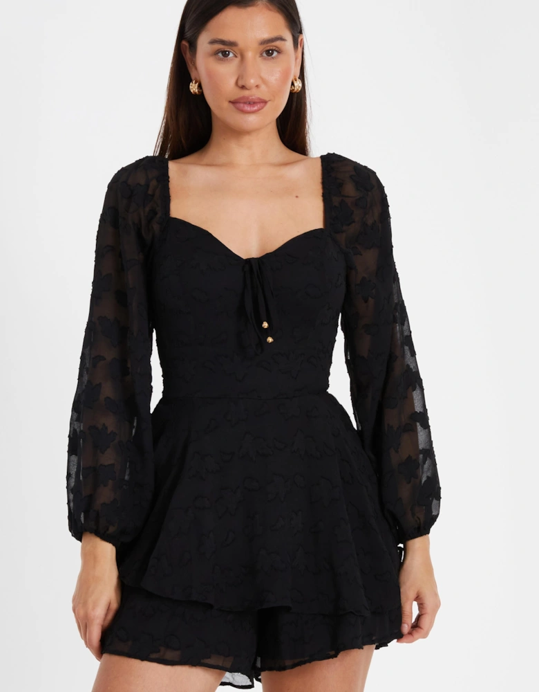 Black Floral Jacquard Tiered Playsuit