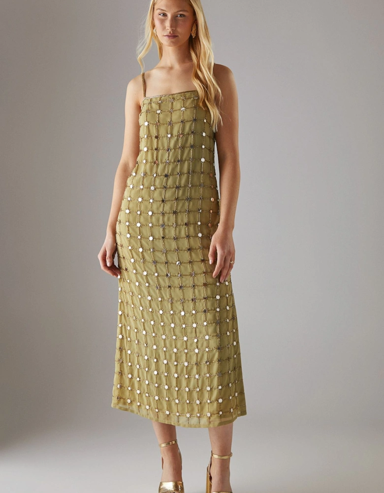 Hand Embellished Sequin Grid Strappy Column Midi Dress