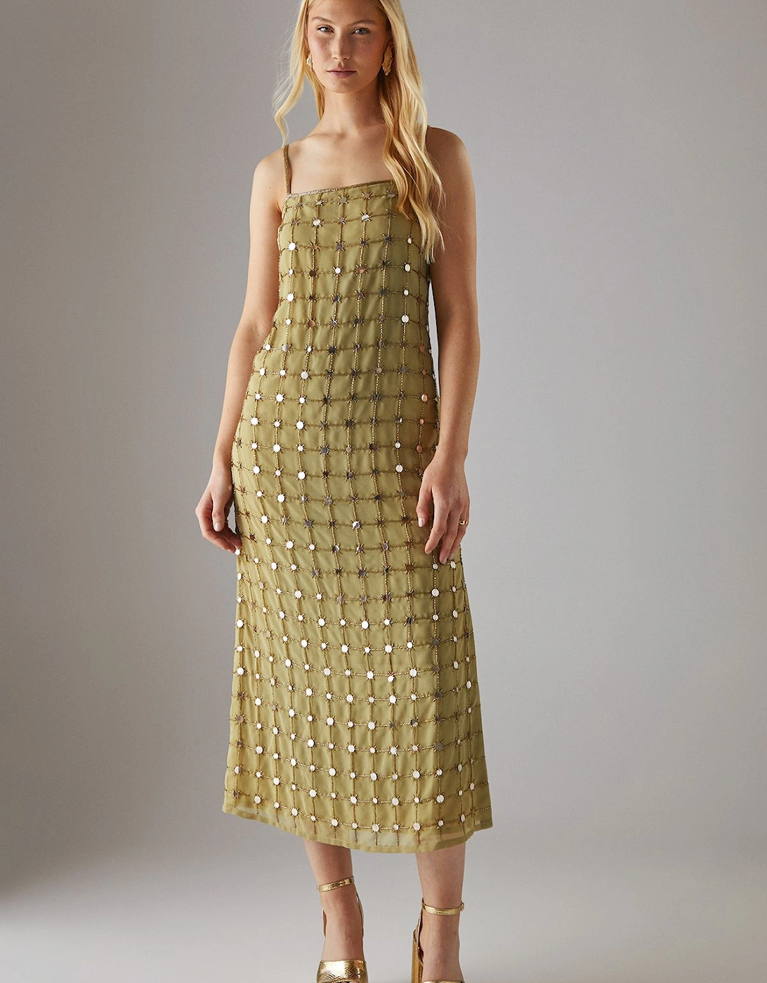 Hand Embellished Sequin Grid Strappy Column Midi Dress, 2 of 1