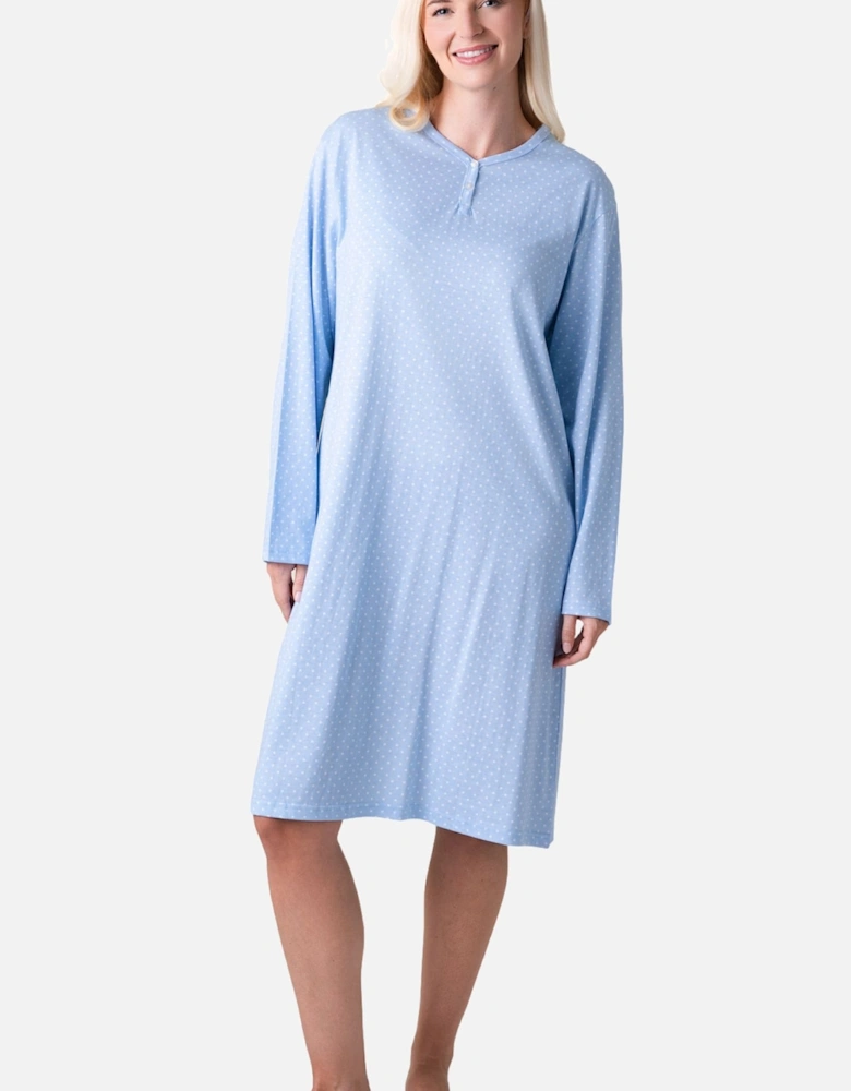 Womens 100% Cotton Classic Knee Length Long Sleeved Nightdress