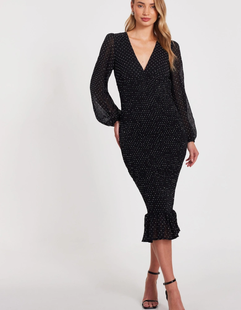 Black Chiffon Diamante Midi Dress