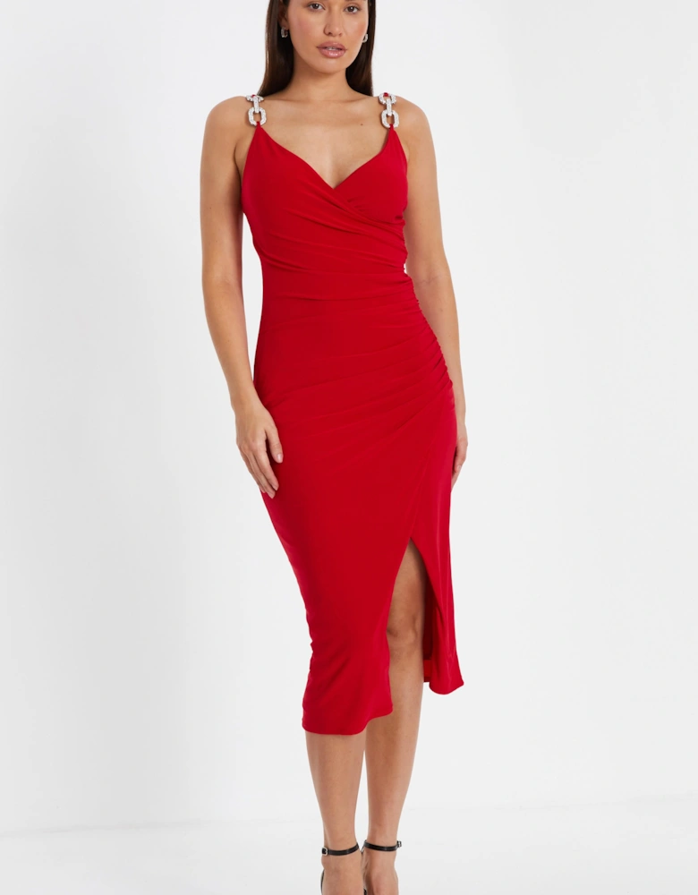 Red Diamante Strap Midi Dress