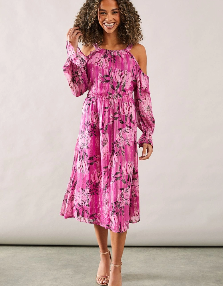 Occasion Metallic Floral Ruffle Midi Dress