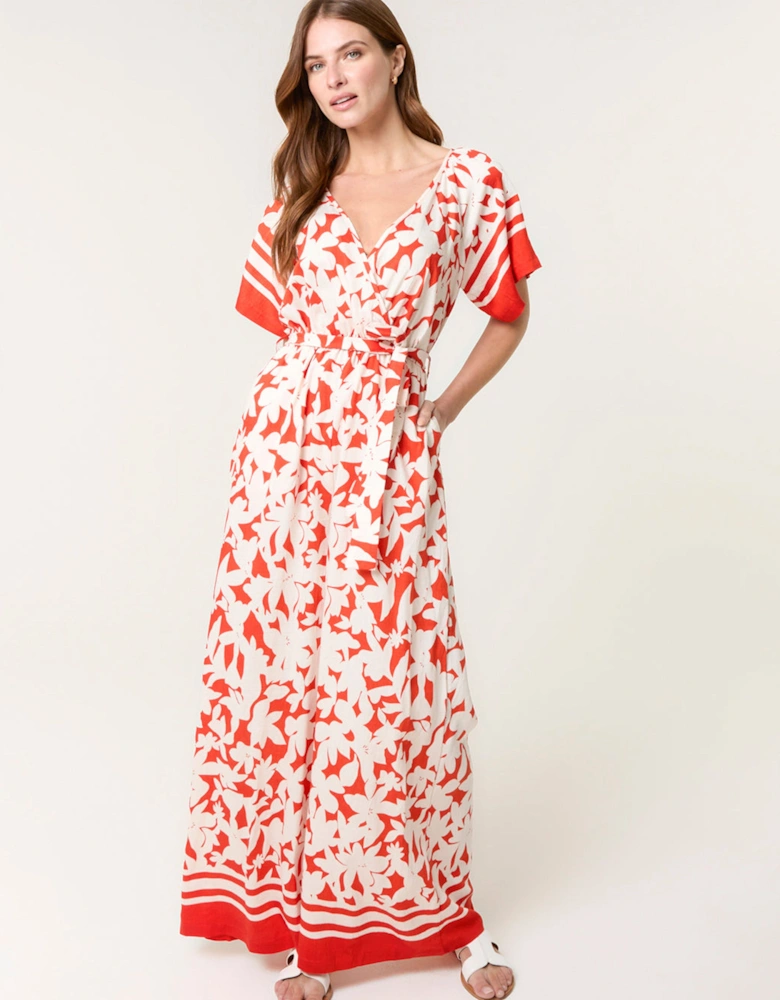Orange Tropical Print Wrap Belted Waist Jumpsuit