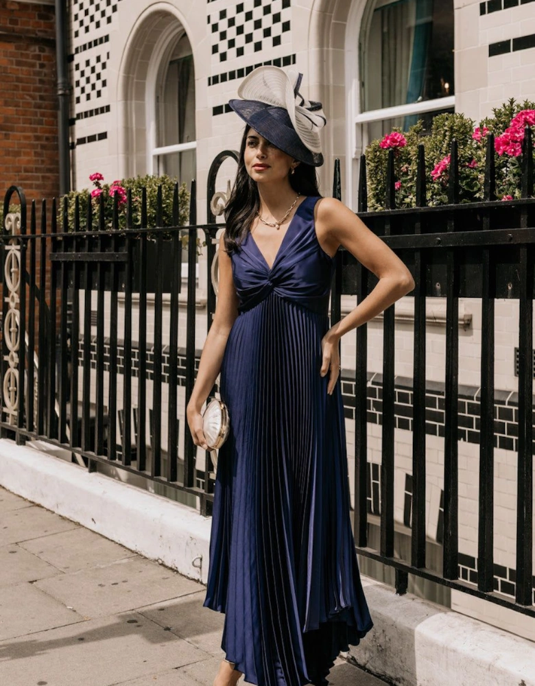 Navy Satin Pleated Midaxi Dress