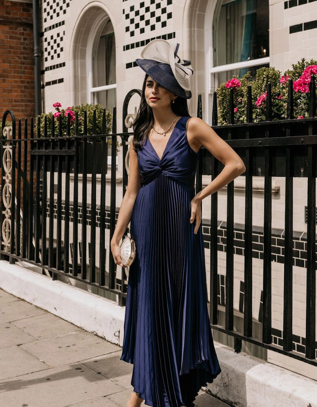Navy Satin Pleated Midaxi Dress, 2 of 1