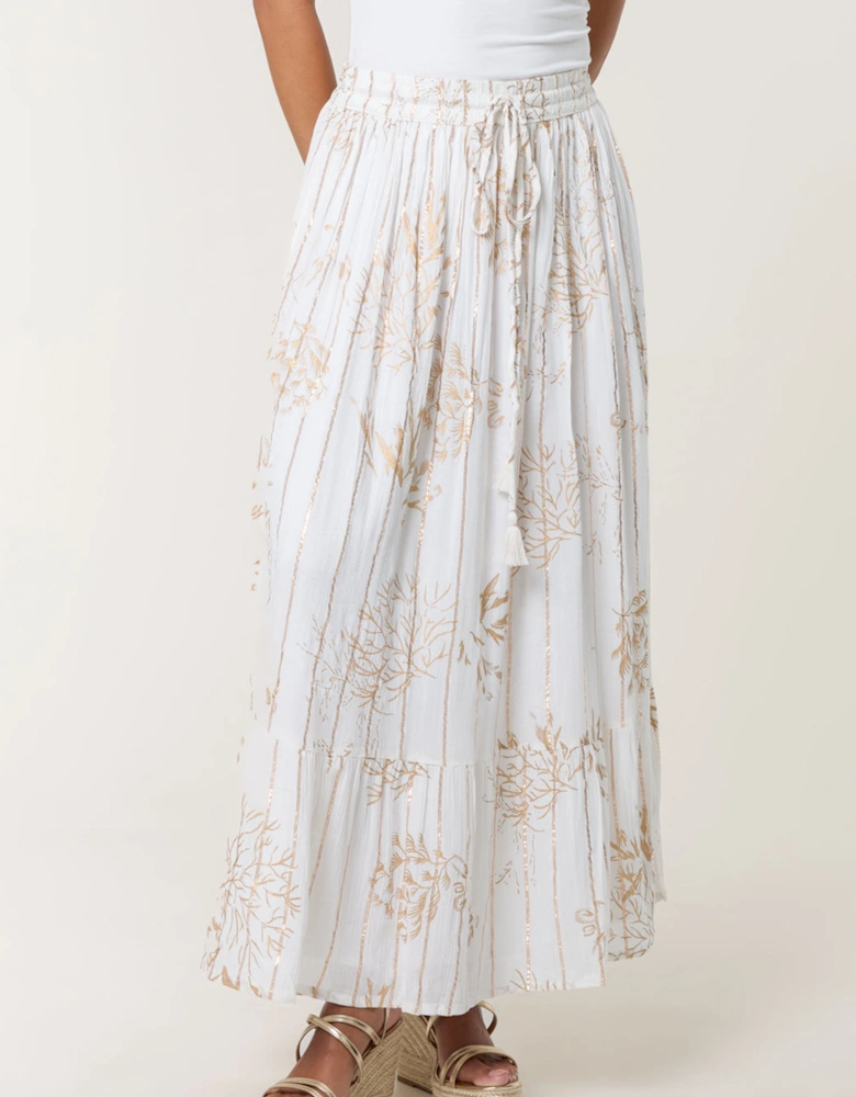 Ivory Gold Foil Print Peplum Hem Skirt