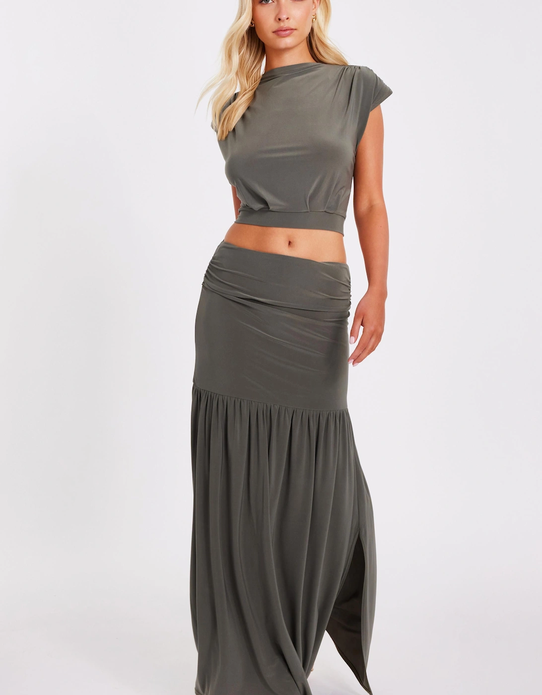 Khaki Drop Waist Midaxi Skirt, 2 of 1
