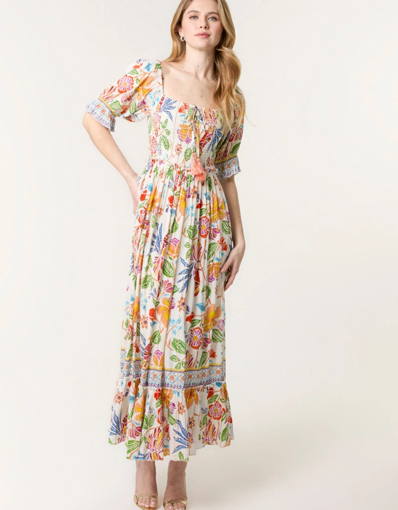Multi Square Neck Puff Sleeve Dress