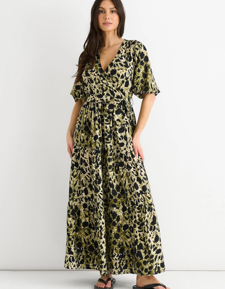 Green Animal Print Wrap Skater Midi Dress