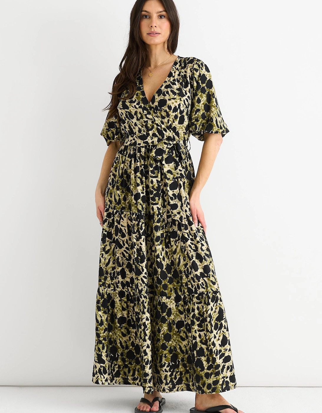 Green Animal Print Wrap Skater Midi Dress, 2 of 1