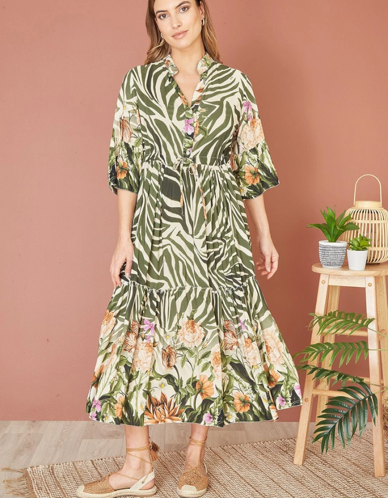 Green Viscose Zebra And Floral Print Midi Dress